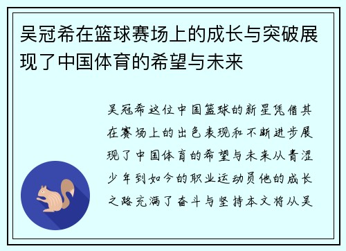 吴冠希在篮球赛场上的成长与突破展现了中国体育的希望与未来